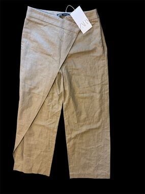 ZARA women linen olive green Wrap-Front  Pants size S brand new